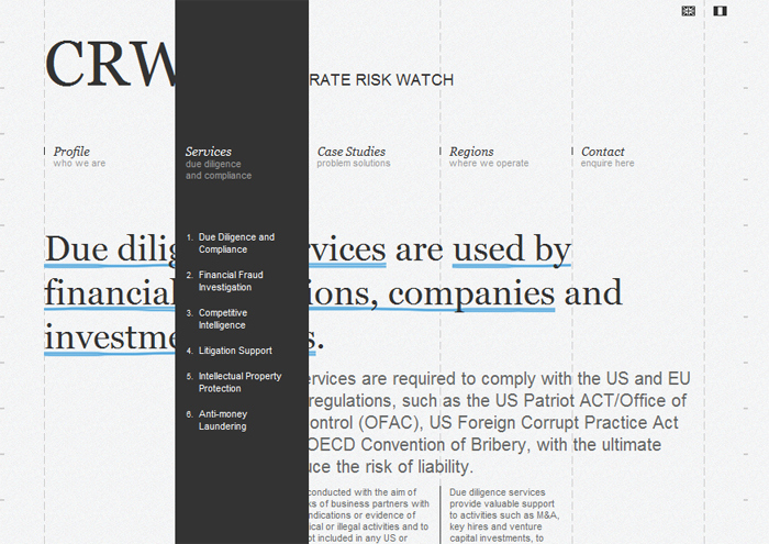 Corporate Risk Watchのサイトの「デューデリジェンス及びコンプライアンスサービス」ページ
