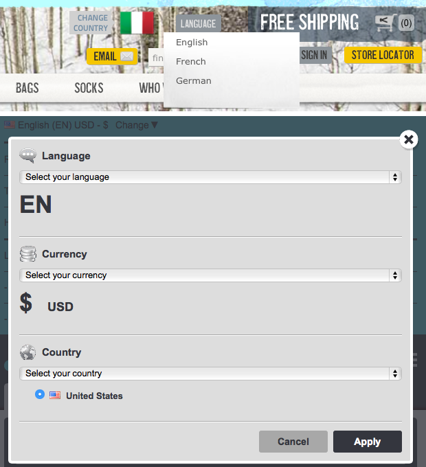 Keen Footwear and Skyscannerの国と言語を選択する機能