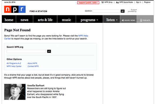 NPRのPage Not Foundページは、ブランドイメージを損なわずに楽しいユーモアを混じえ、次にどうするべきかユーザーに示唆するものになっています。