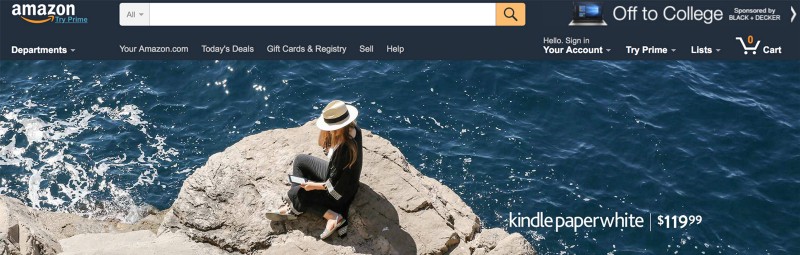 Amazon uses the typeface and colors that match those used in the global navigation, so the hero appears to be part of the site content rather than a pushy advertisement.