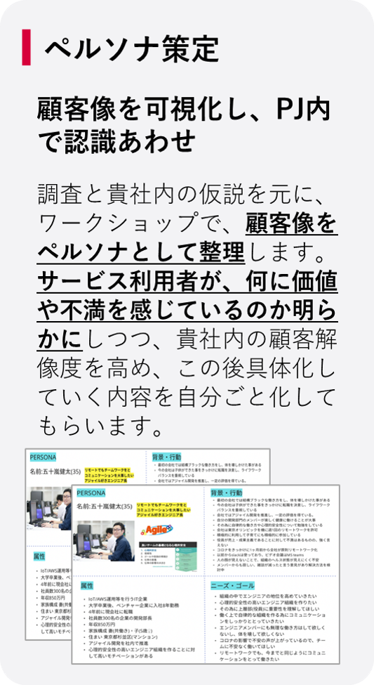 ペルソナ策定：顧客像を可視化し、PJ内で認識あわせ